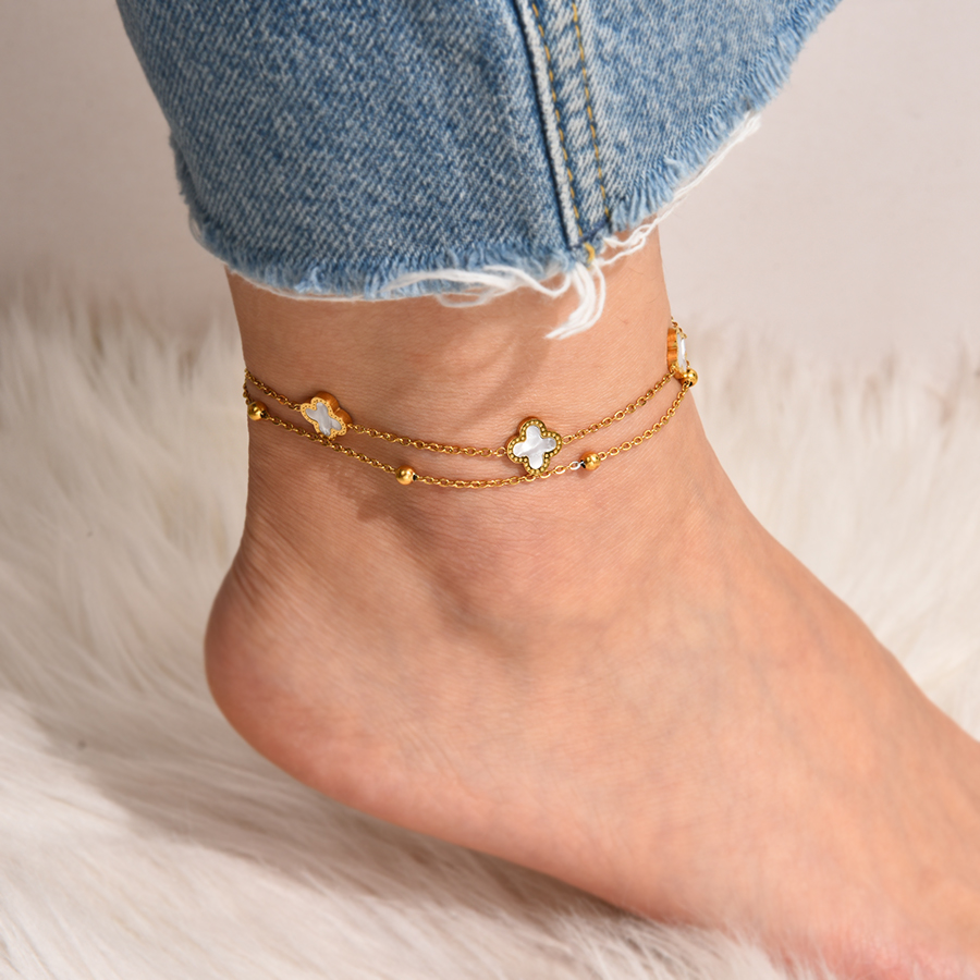 Fashion Rose Gold + Black Titanium Steel Double Shell Clover Bead Anklet,Fashion Anklets