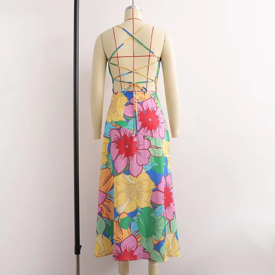 Fashion Suit Satin-print Drop-neck Slip Dress,Long Dress