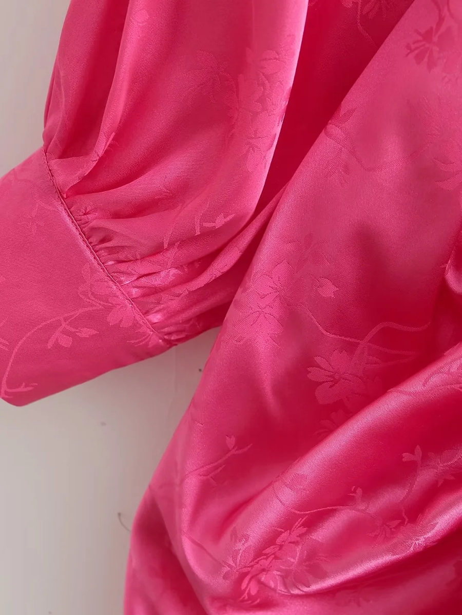 Fashion Pink Satin Jacquard Pleated Dress,Long Dress