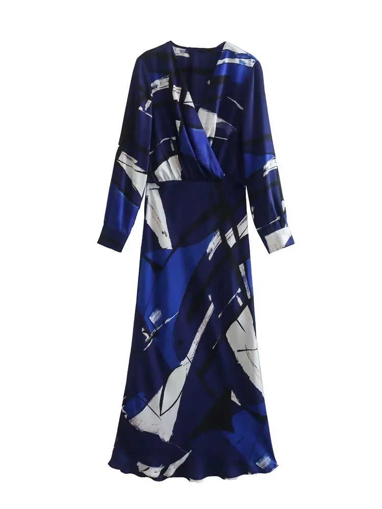 Fashion Blue Black Polyester Print V-neck Dress,Long Dress