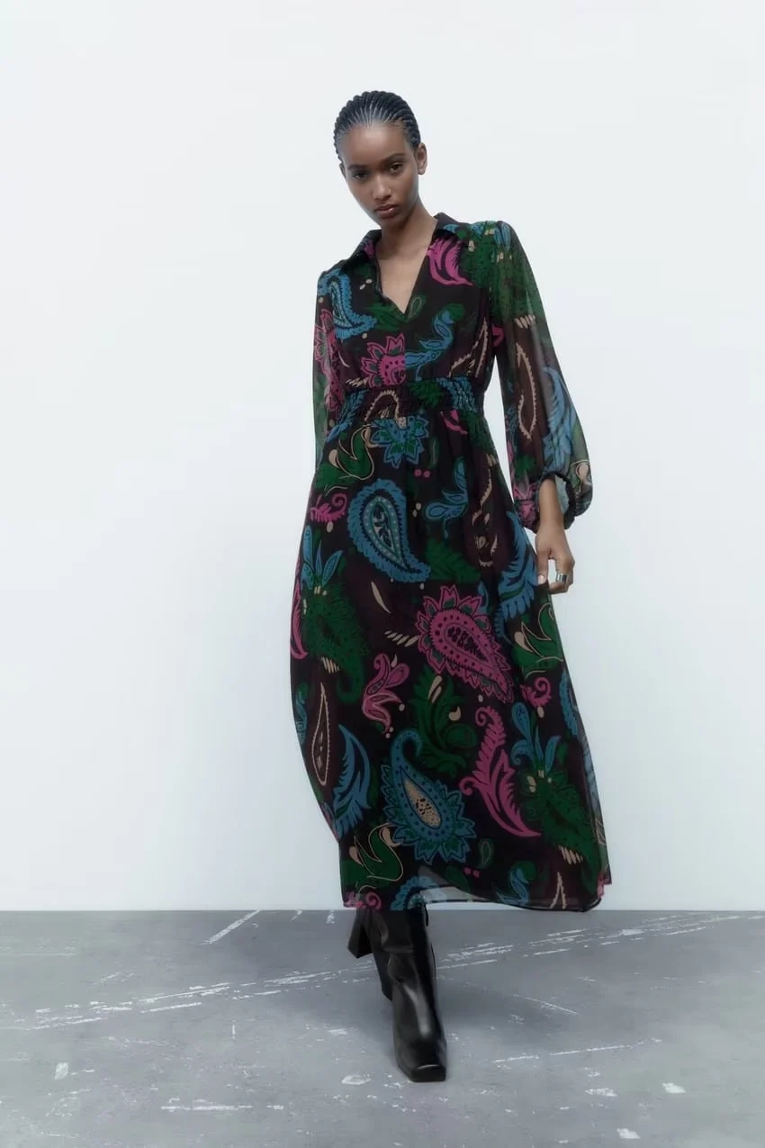 Fashion Color Printed V-neck Dress,Long Dress