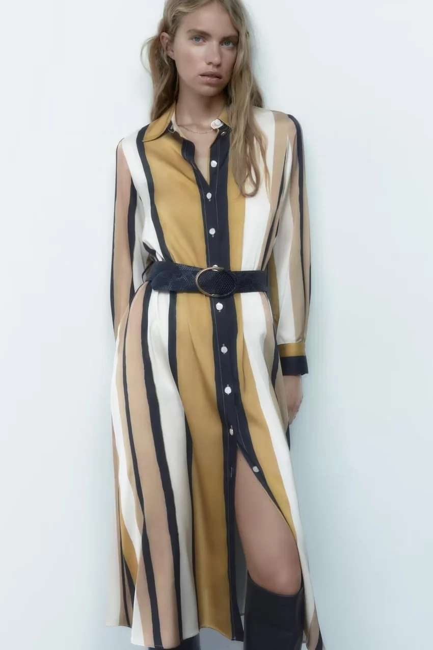 Fashion Yellow Striped Belted Lapel Breasted Dress,Long Dress