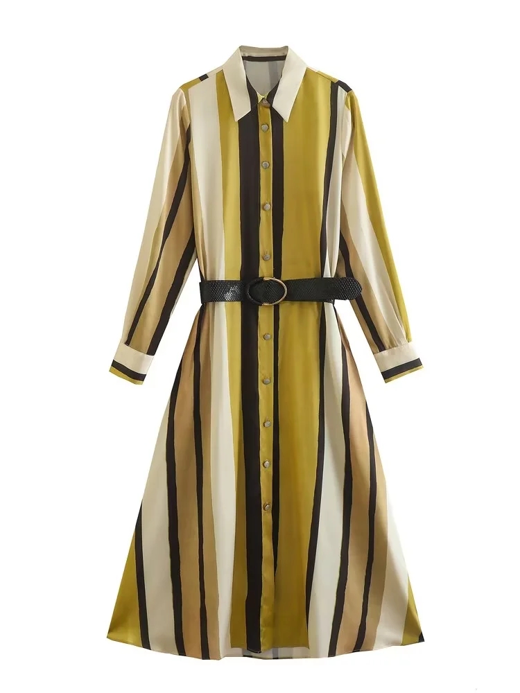 Fashion Yellow Striped Belted Lapel Breasted Dress,Long Dress