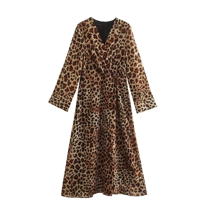 Fashion Leopard Print Blend Leopard V-neck Dress,Long Dress