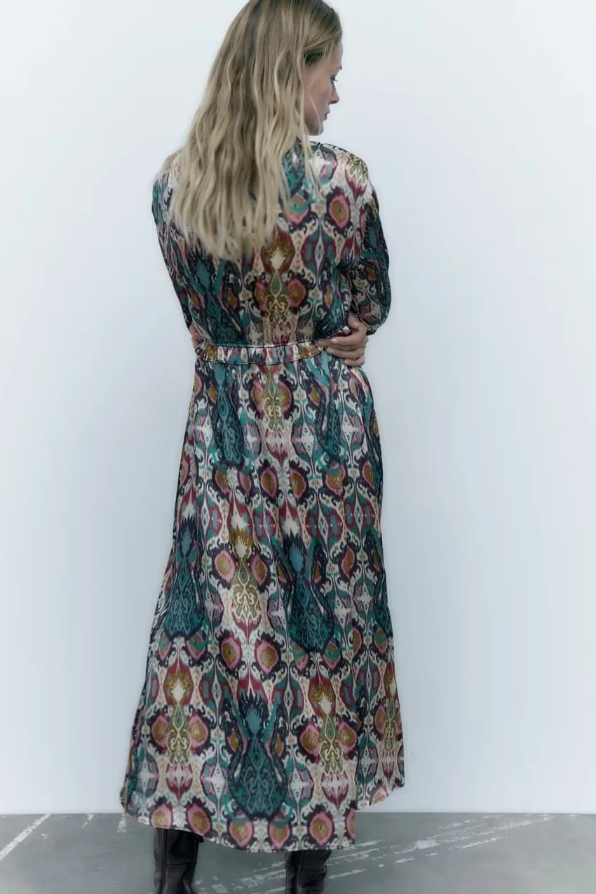 Fashion Color Blend Print V-neck Dress,Long Dress