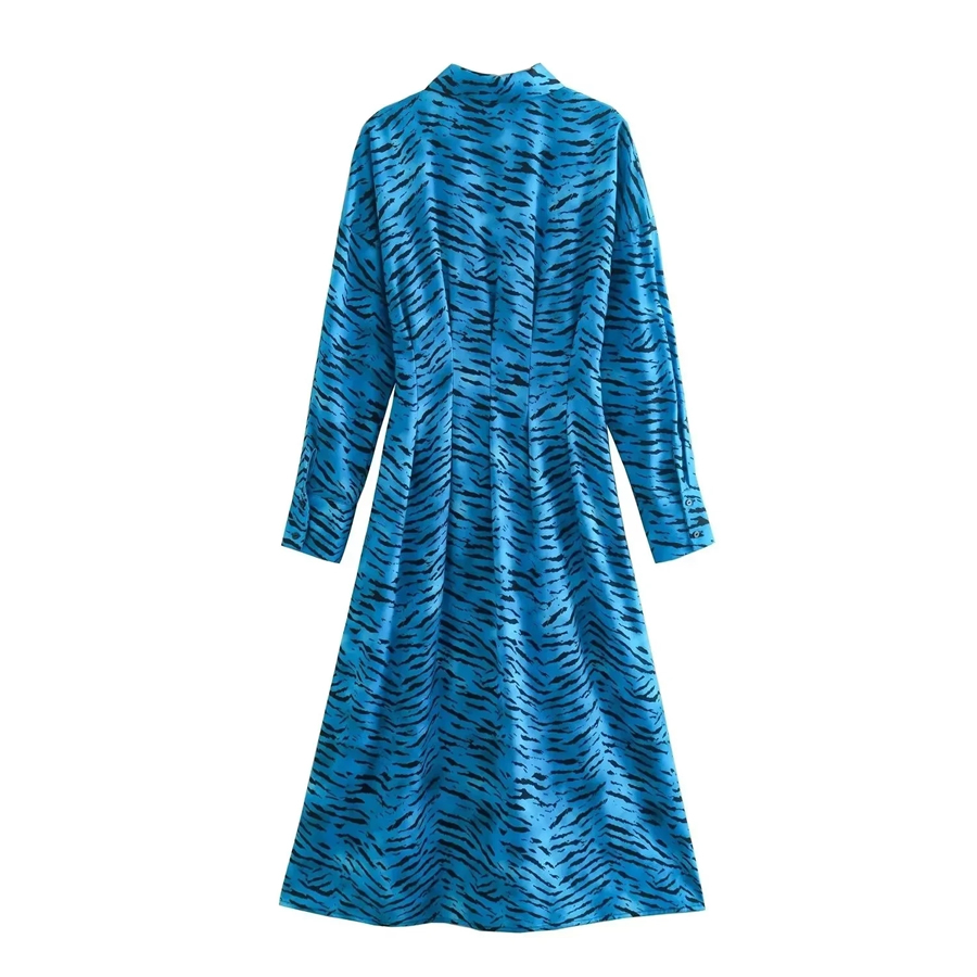 Fashion Blue Printed Lapel Dress,Long Dress