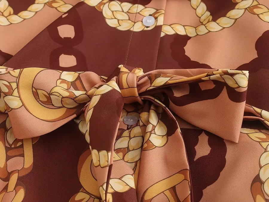 Fashion Color Chain Print Lapel Tie Dress,Long Dress