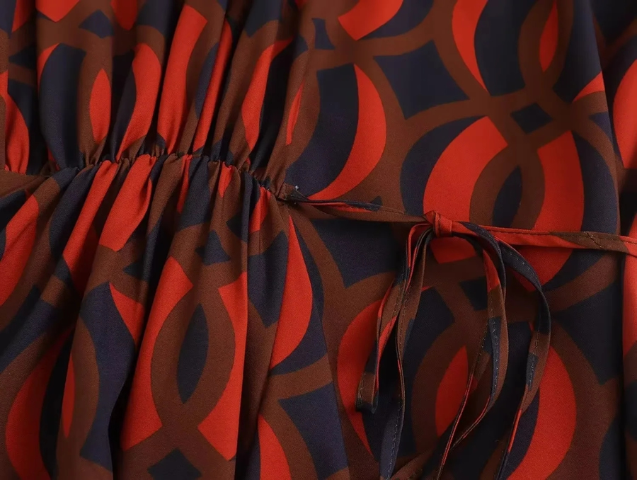 Fashion Red Woven Print Lapel Tie Dress,Long Dress