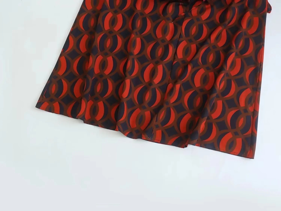 Fashion Red Woven Print Lapel Tie Dress,Long Dress