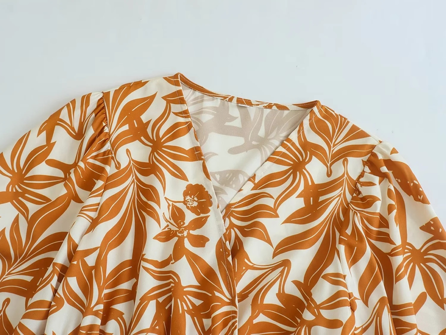 Fashion Orange Woven Print V-neck Dress,Long Dress