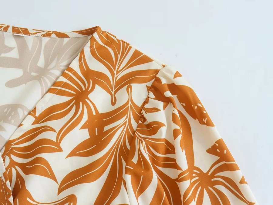 Fashion Orange Woven Print V-neck Dress,Long Dress