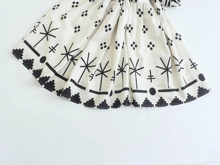 Fashion Black And White Woven Print Lapel Swing Dress,Long Dress