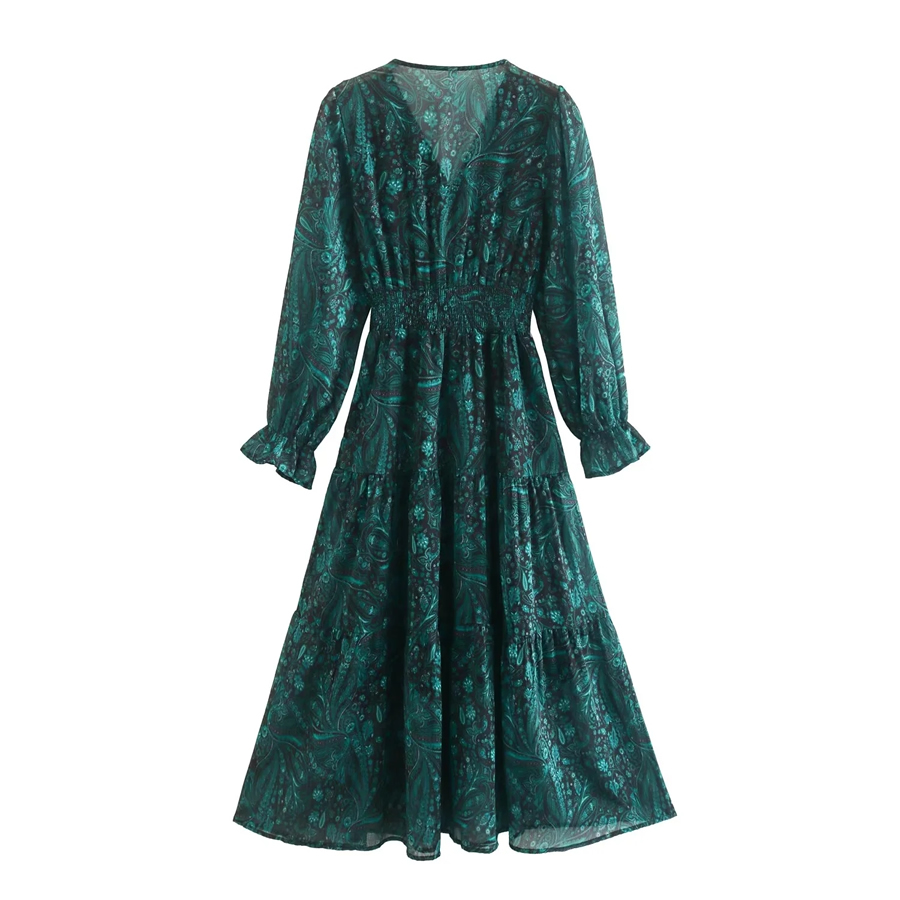 Fashion Green Chiffon Print Dress,Long Dress
