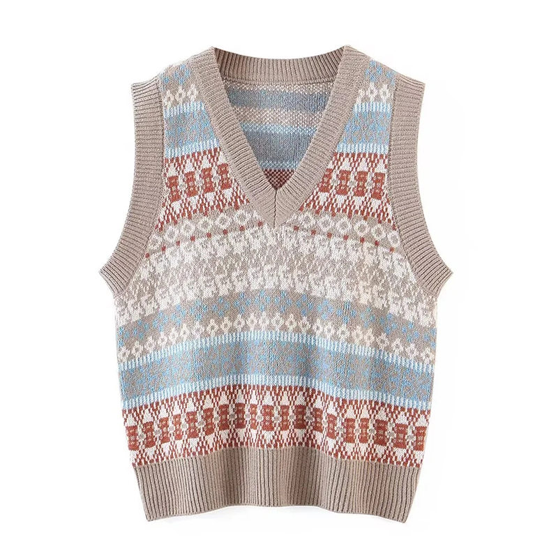 Fashion Printing Colorblock Knit V-neck Tank Top,Sweater