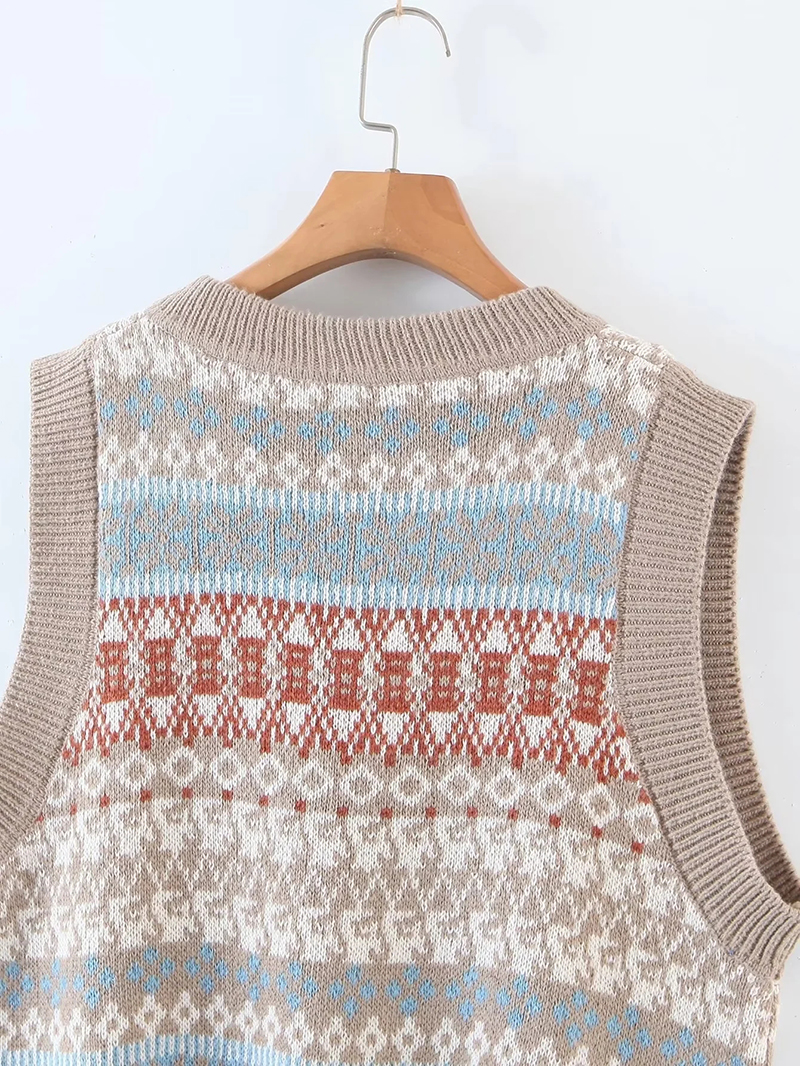 Fashion Printing Colorblock Knit V-neck Tank Top,Sweater