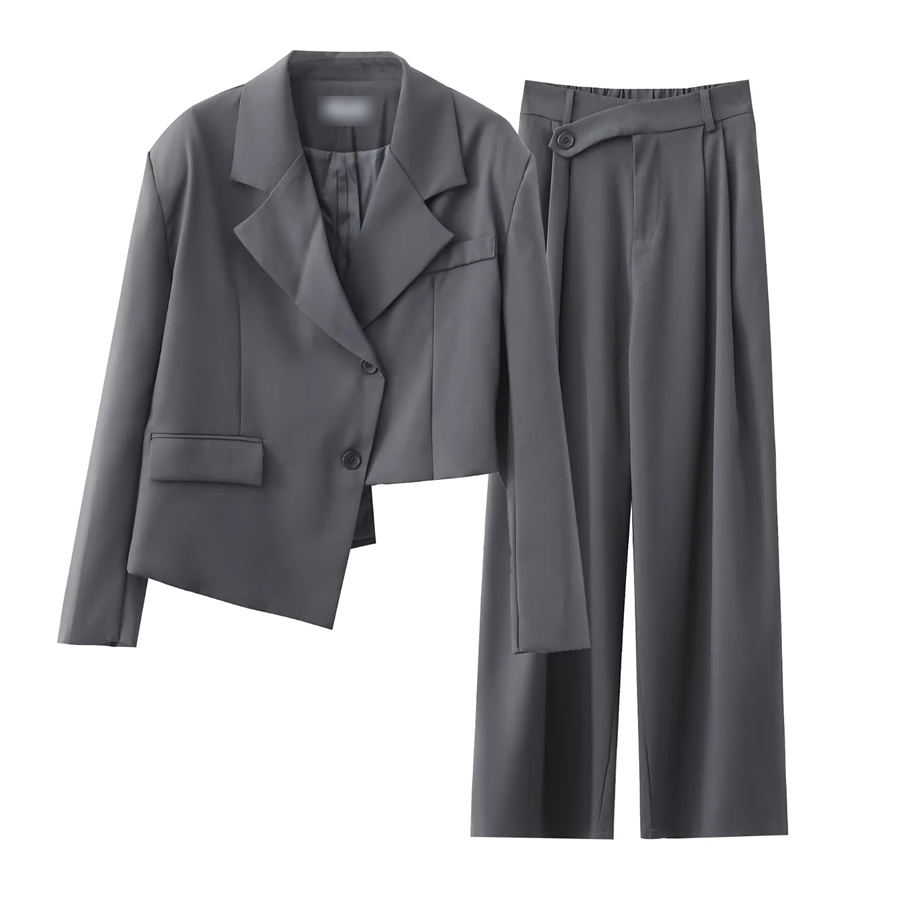 Fashion Black Solid Color Lapel Irregular Jacket Straight Leg Pants Set,Coat-Jacket