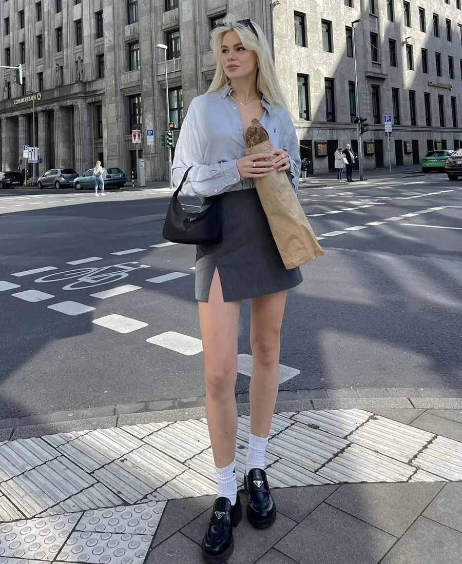 Fashion Flecking Gray Blazer Skirt Set With Lapel Breasted Pockets,Coat-Jacket