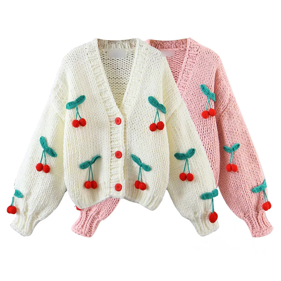 Fashion White Cherry-embroidered Button-up Jacket,Sweater