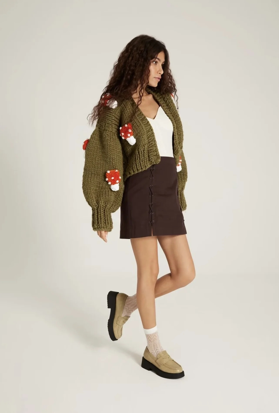Fashion M Beige Mushroom Embroidered Buttoned Cardigan Jacket,Sweater