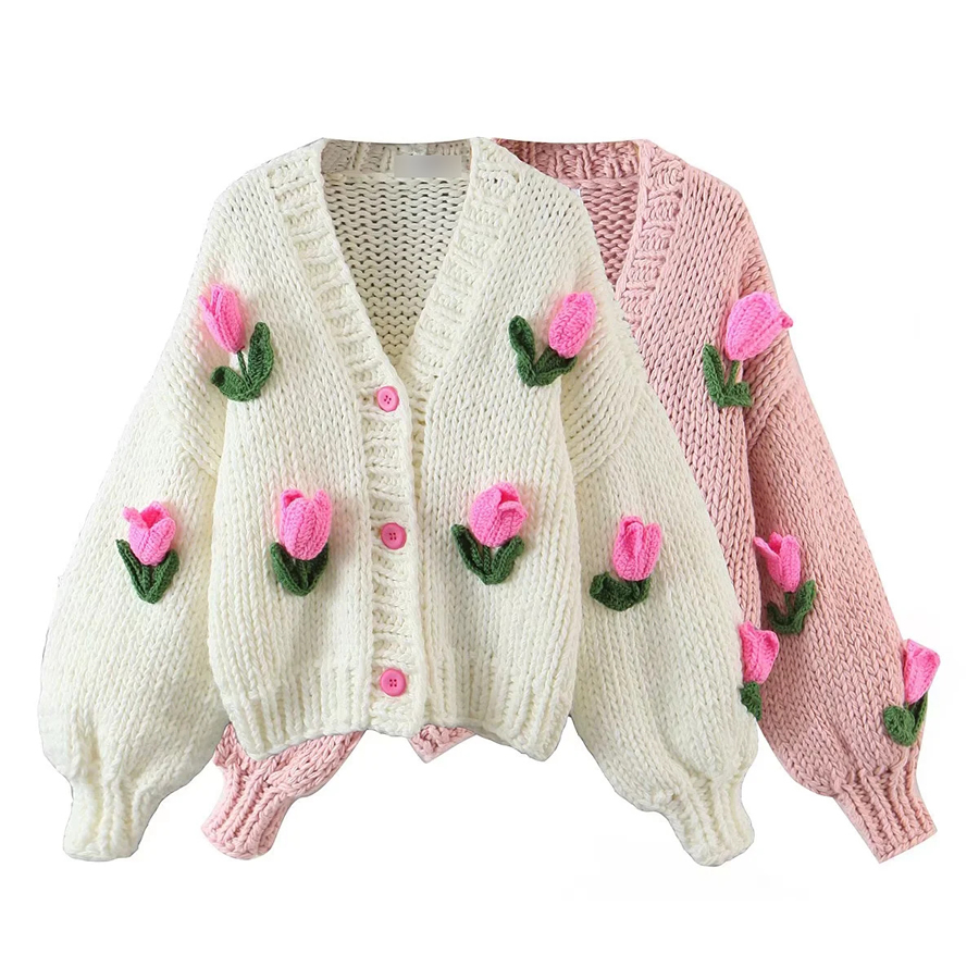Fashion Pink Tulip Embroidered Button-down Cardigan Jacket,Sweater