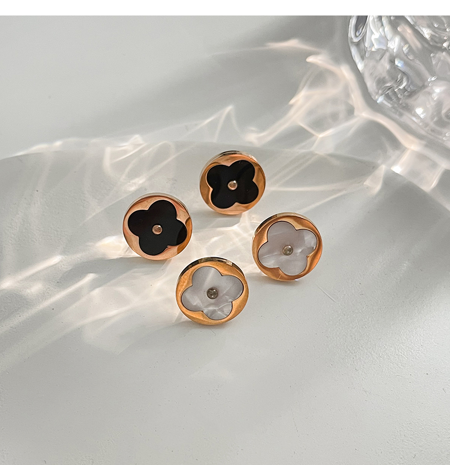 Fashion Rose Gold + White Titanium Steel Shell Round Clover Stud Earrings,Earrings