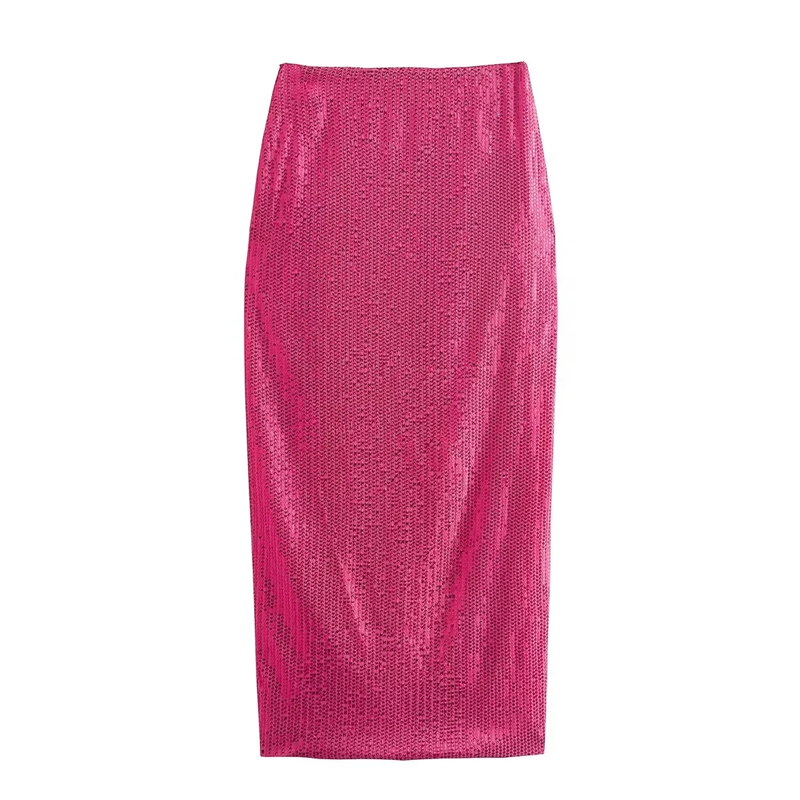 Fashion Rose Red Sequin Slit Skirt,Skirts
