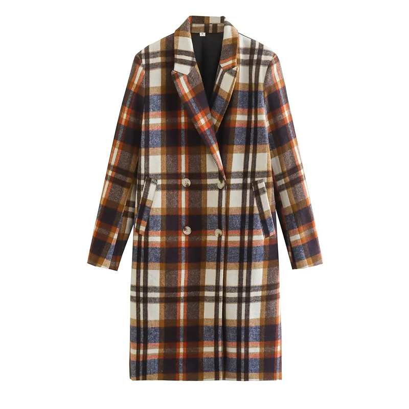 Fashion Brown Woven Check Lapel Double Breasted Coat,Coat-Jacket