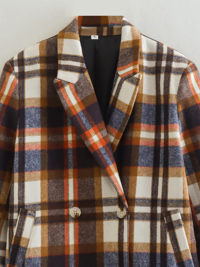 Fashion Brown Woven Check Lapel Double Breasted Coat,Coat-Jacket