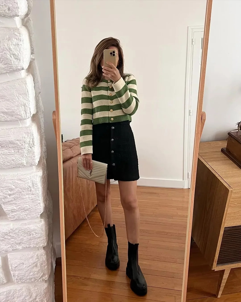 Fashion White And Green Knitted Button-down Striped Cardigan,Coat-Jacket