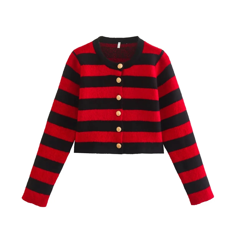 Fashion Red Black Knitted Button-down Striped Cardigan,Coat-Jacket