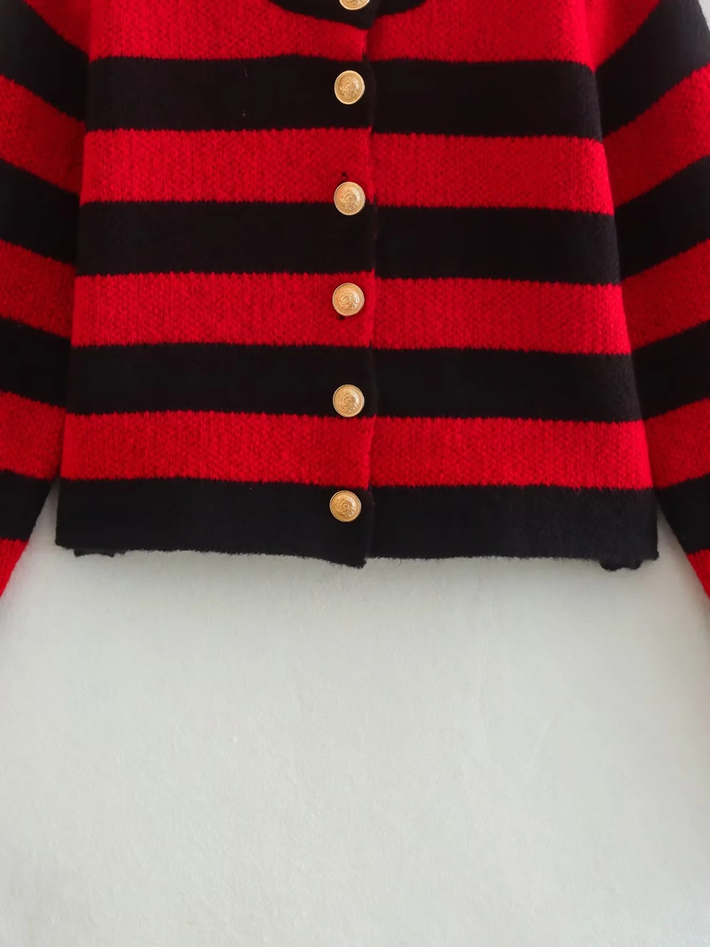 Fashion Red Black Knitted Button-down Striped Cardigan,Coat-Jacket