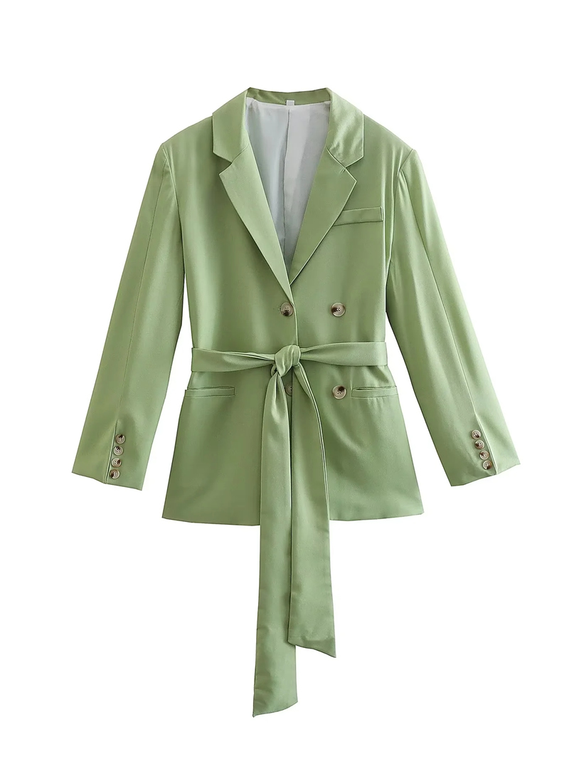 Fashion Grass Green Woven Solid Lapel Double-breasted Lace-up Blazer,Coat-Jacket