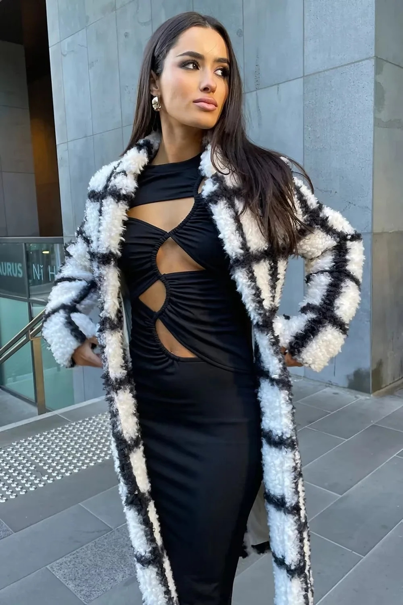 Fashion Black And White Woven Check Lapel Coat,Coat-Jacket