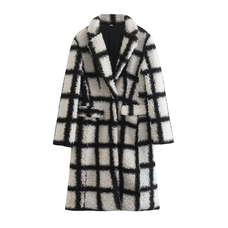 Fashion Black And White Woven Check Lapel Coat,Coat-Jacket