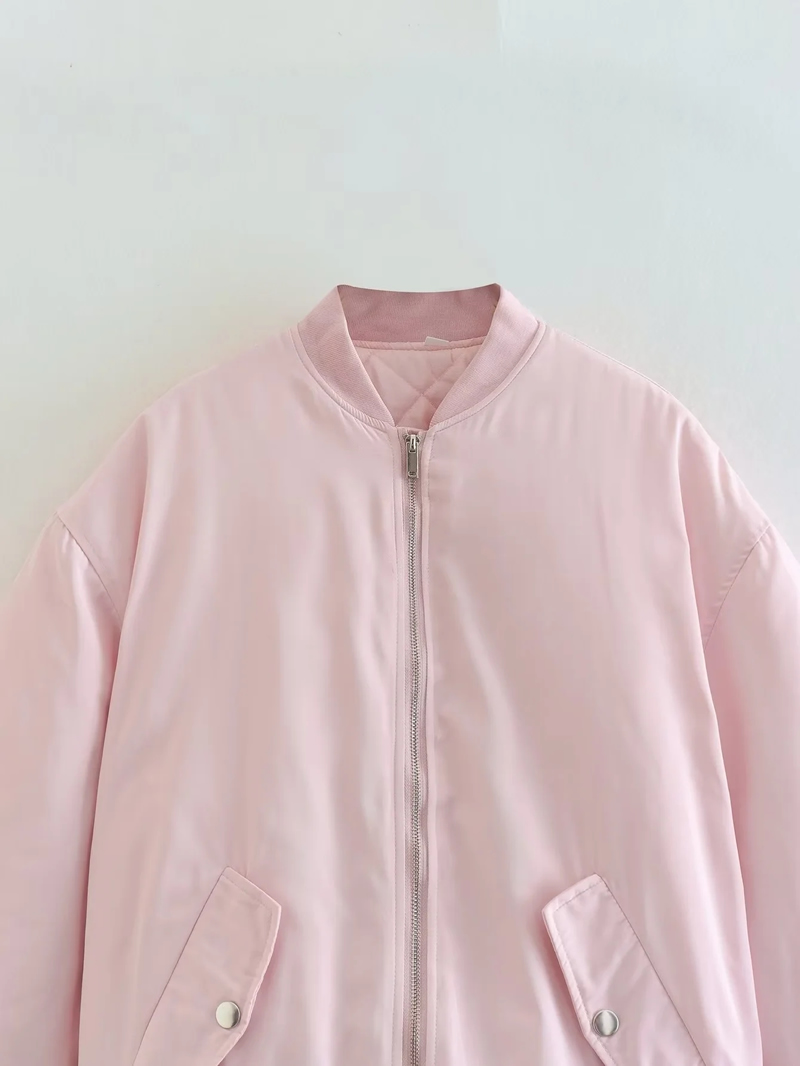 Fashion Pink Woven Stand Collar Zip Jacket,Coat-Jacket