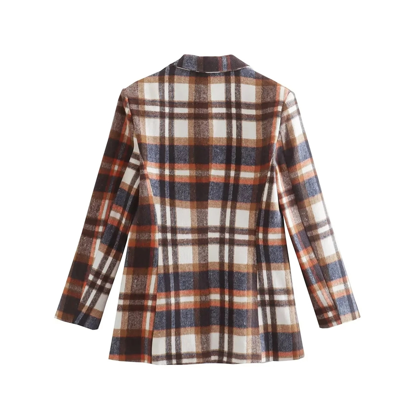 Fashion Brown Woven Check-breasted Lapel Pocket Blazer,Coat-Jacket