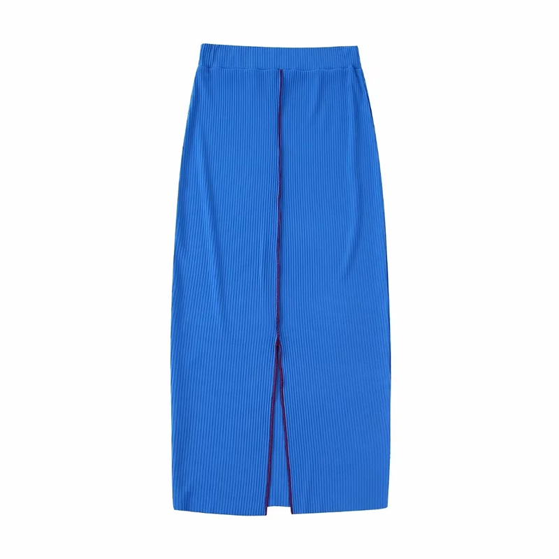 Fashion Blue Rib Knit Slit Skirt,Skirts
