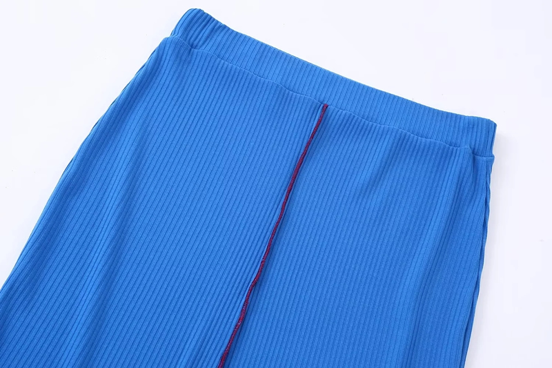 Fashion Blue Rib Knit Slit Skirt,Skirts