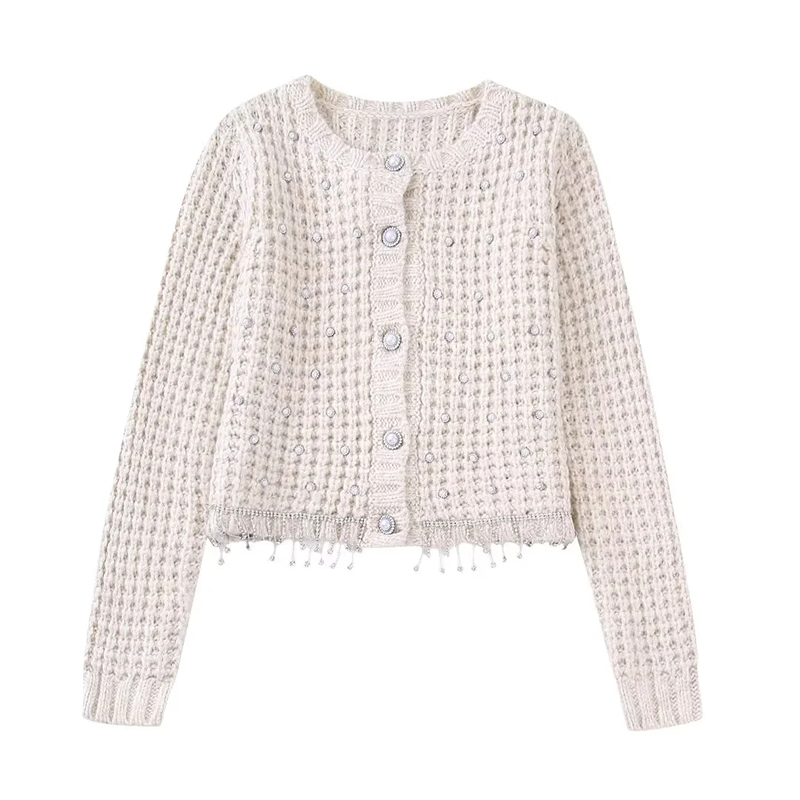 Fashion Beige Button-down Cardigan With Wool Knit Fringe,Coat-Jacket