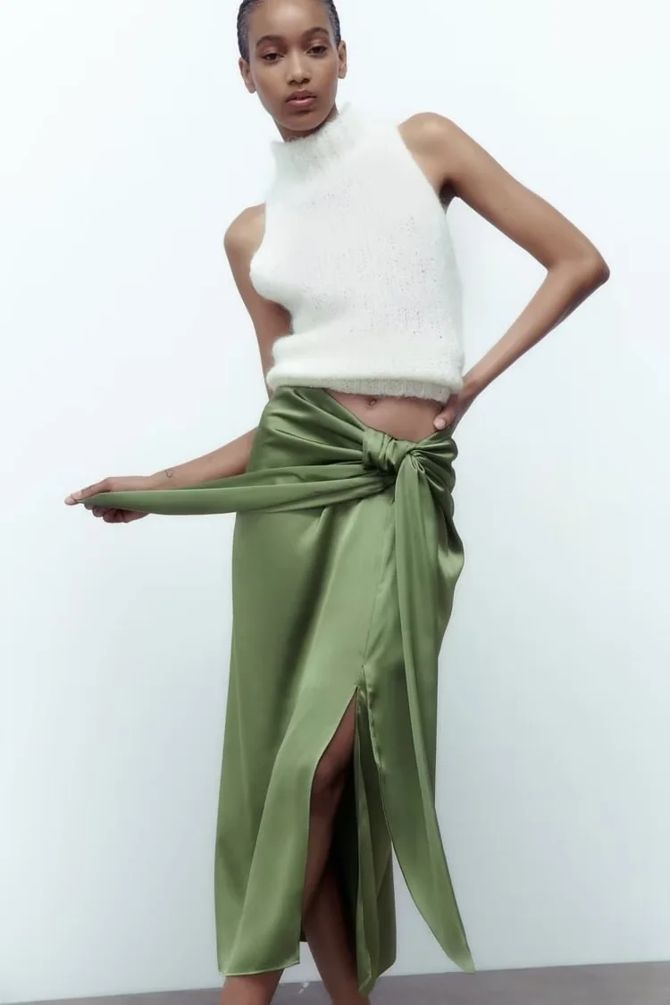 Fashion Green Silk-satin Knotted Pleated Skirt,Skirts