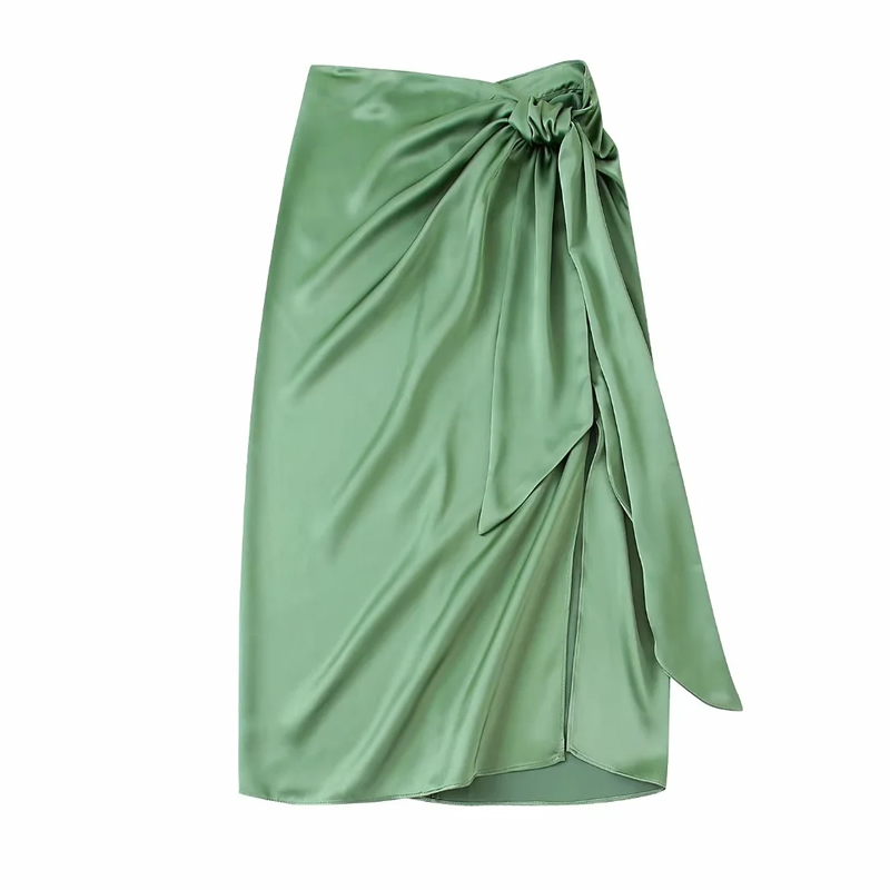 Fashion Green Silk-satin Knotted Pleated Skirt,Skirts