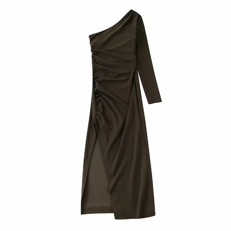 Fashion Dark Green Pleated One-shoulder Slit Dress,Long Dress