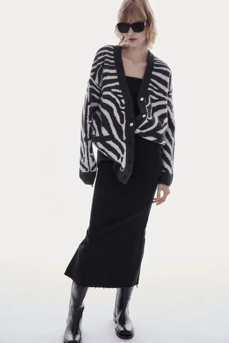 Fashion Black And White Zebra Jacquard-knit Button-down Cardigan,Coat-Jacket