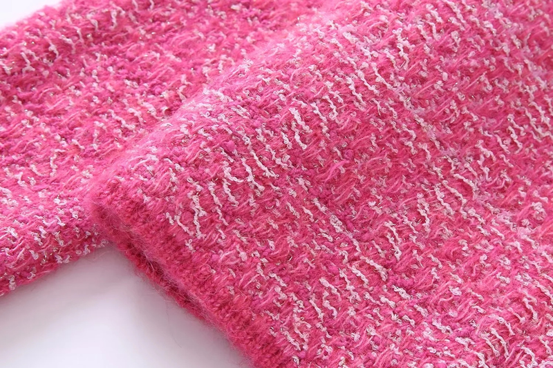 Fashion Pink Textured Knit Crewneck Button-down Jacket,Coat-Jacket