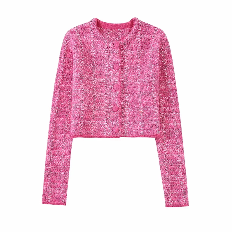 Fashion Pink Textured Knit Crewneck Button-down Jacket,Coat-Jacket