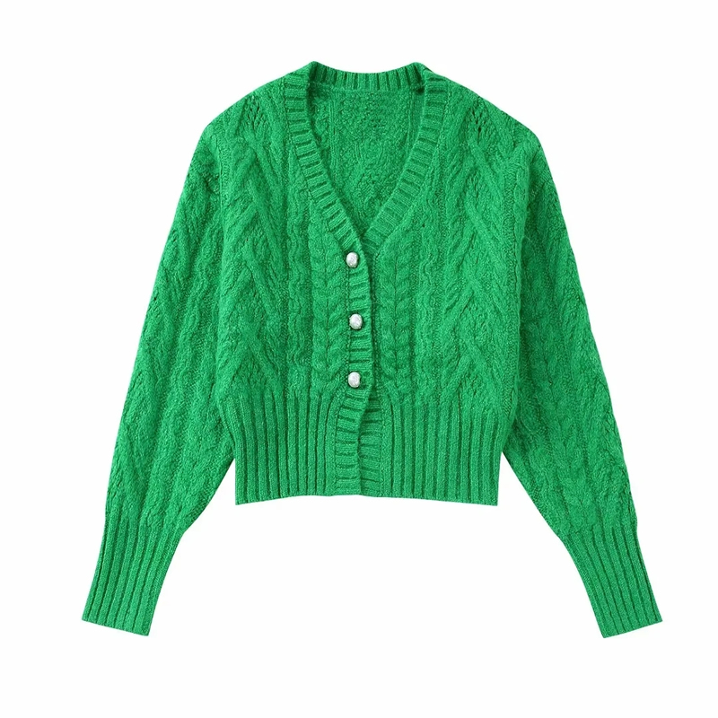 Fashion Green Knitted Button-down Cardigan,Coat-Jacket