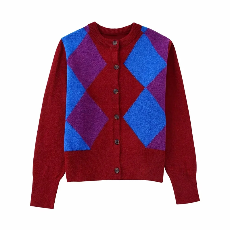 Fashion Red Diamond Knit Buttoned Crew Neck Cardigan,Coat-Jacket
