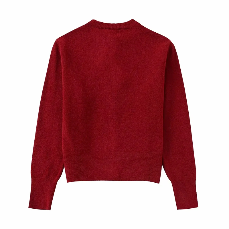 Fashion Red Diamond Knit Buttoned Crew Neck Cardigan,Coat-Jacket