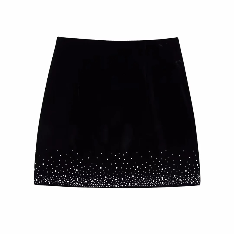 Fashion Black Shiny Velvet Semi-ruffled Skirt,Skirts