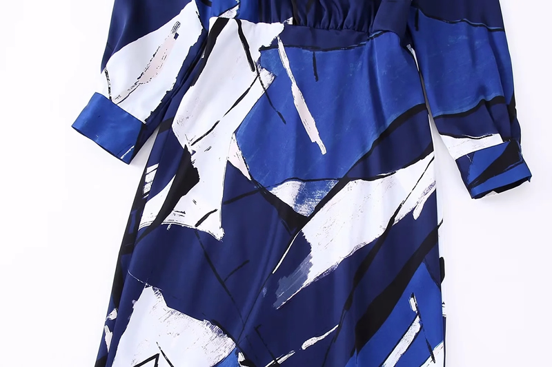 Fashion Blue Printed Swing Dress,Long Dress